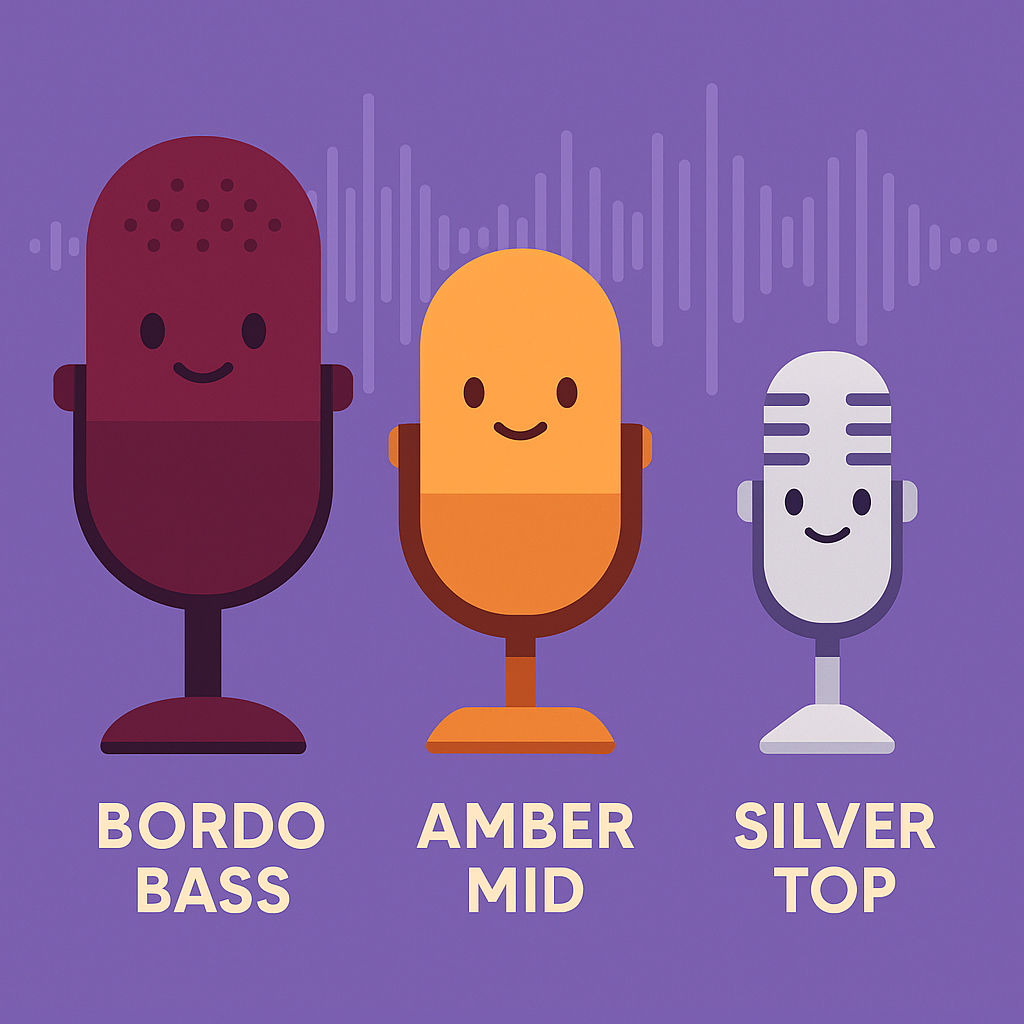 Trzy uśmiechnięte mikrofony na fioletowym tle, podpisane Bordo Bass (bordowy, niski głos), Amber Mid (pomarańczowy, średni głos) i Silver Top (srebrny, jasny głos)