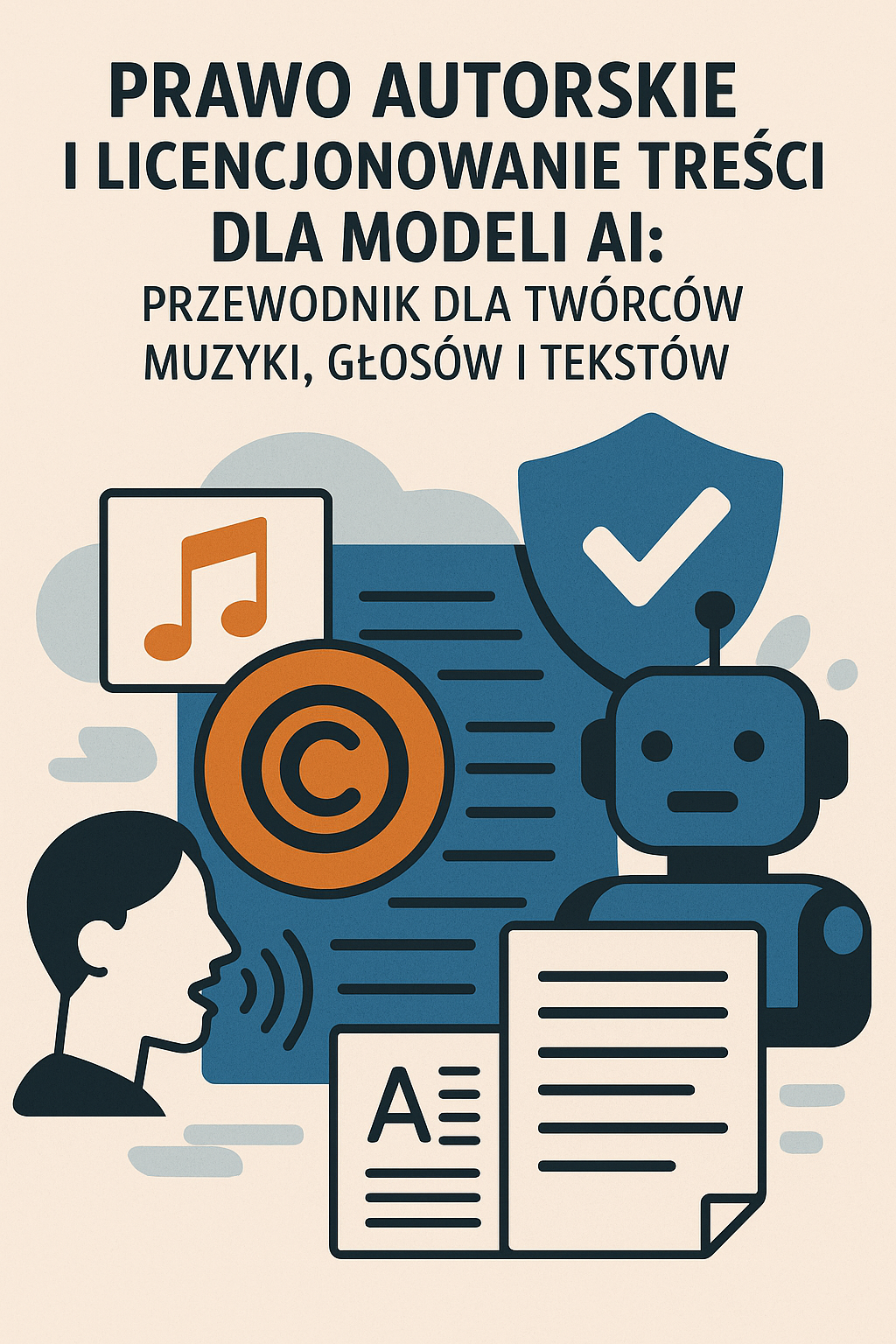 Symbol © (copyright) w pomarańczowym kole – centralny motyw wskazujący na ochronę praw twórców. • Robot z antenką i osłoną w kształcie niebieskiej tarczy