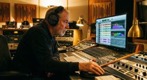 "Filmowa fotografia doświadczonego inżyniera dźwięku, w swoim żywiole,